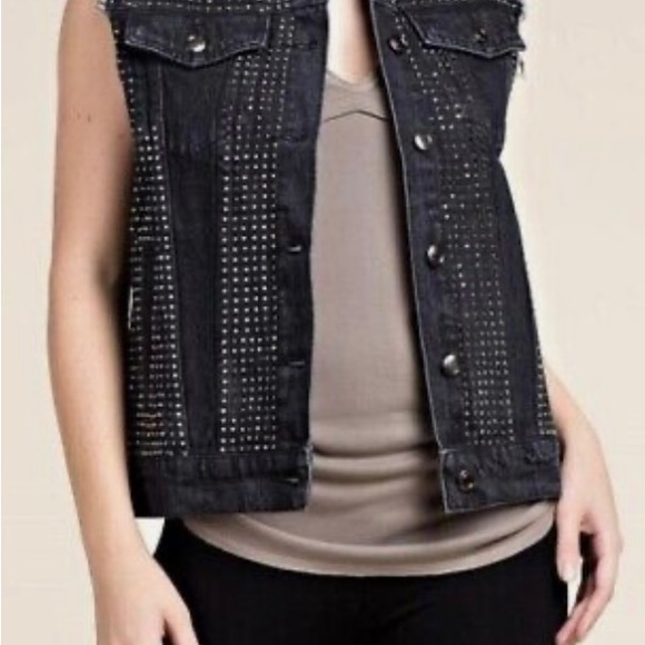VOCAL USA BLUE Cotton Crystal Studded Raw Edge Button Down Denim Vest NWOT SZ L - Picture 4 of 17